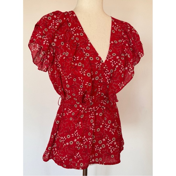 Y2K Baby Doll Flutter Sleeve Top Blouse Waist Tie Ditsy Floral Max Studio L - Picture 1 of 15